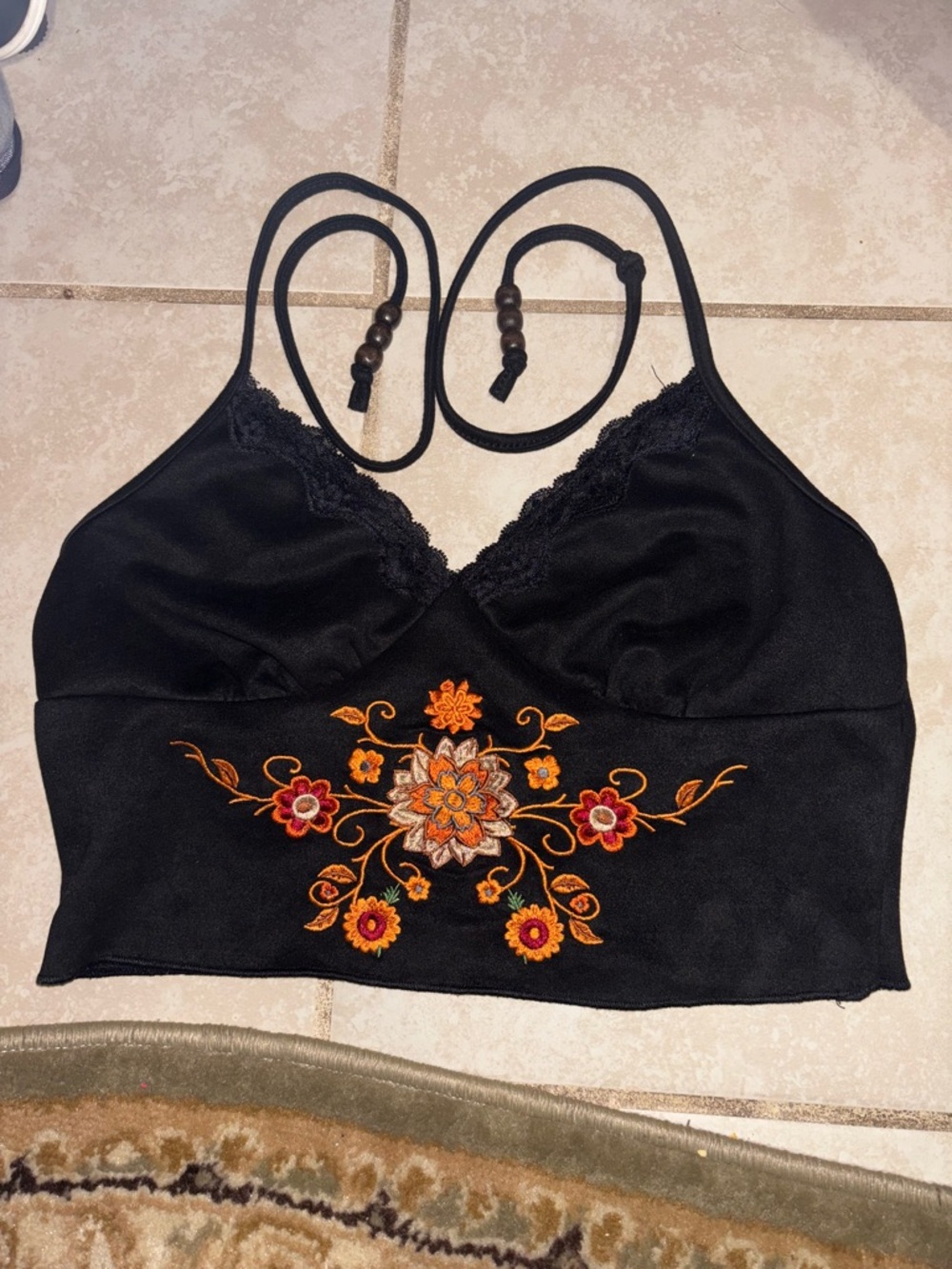 Black Halter Crop Top with Orange & Pink Floral Embroidery